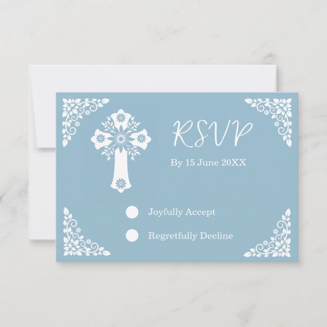 Placa RSVP Floral Cross Christening Sky Blue (Frente)