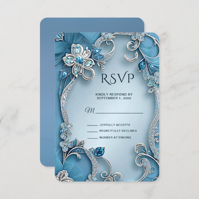 Placa RSVP Floral de Ornamentado Azul (Frente/Verso)