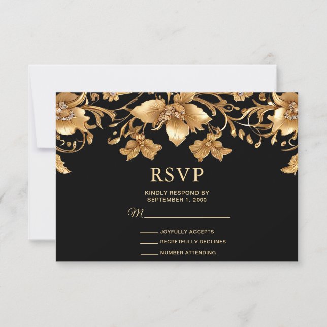 Placa RSVP Floral de Ornamentado Preto Dourada (Frente)