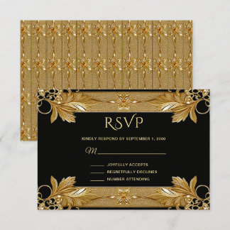 Placa RSVP Floral de Ornamentado Preto Dourada