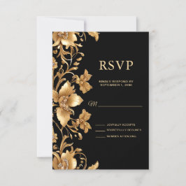 Placa RSVP Floral de Ornamentado Preto Dourada