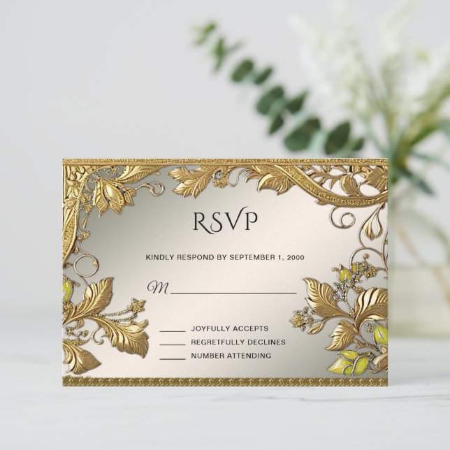 Placa RSVP Floral Decorativa Dourada Elegante (Em pé/Frente)