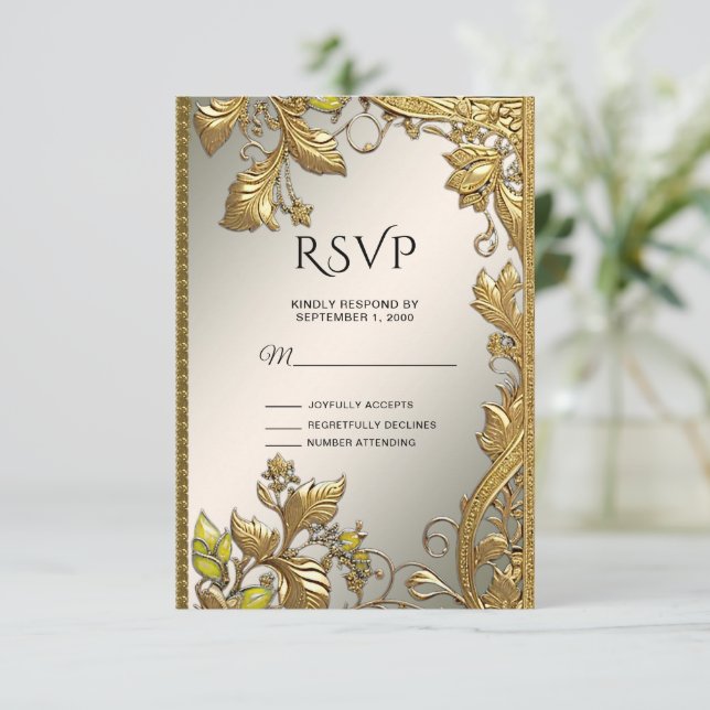 Placa RSVP Floral Decorativa Dourada Elegante (Em pé/Frente)