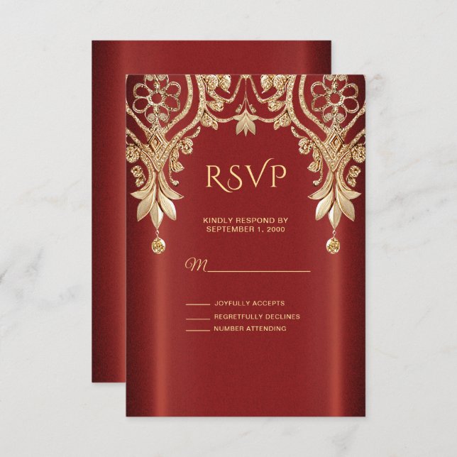 Placa RSVP Floral Vermelha Moderna Dourada (Frente/Verso)