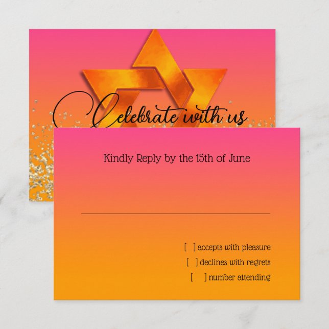 Placa RSVP Laranja para Cor de Rosa com Estrela (Frente/Verso)