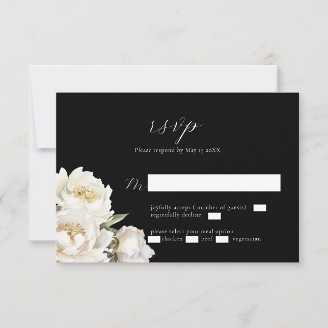 Placa RSVP Preta de Casamento de Penas Brancas (Frente)
