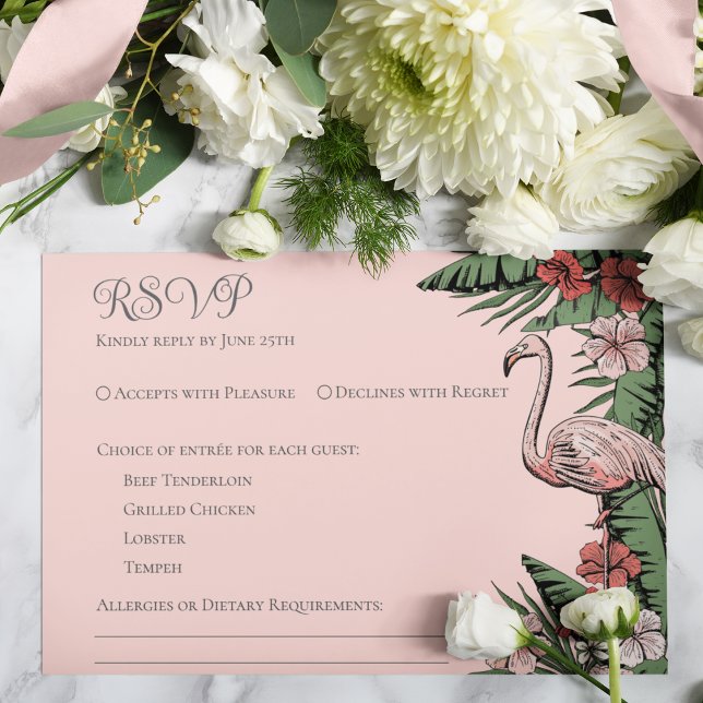 Placa RSVP Rosa Pink de Casamento Tropical (Elegant & Chic Blush Pink Floral Flamingo Tropical, Summer or Beach Wedding RSVP Response Card. )