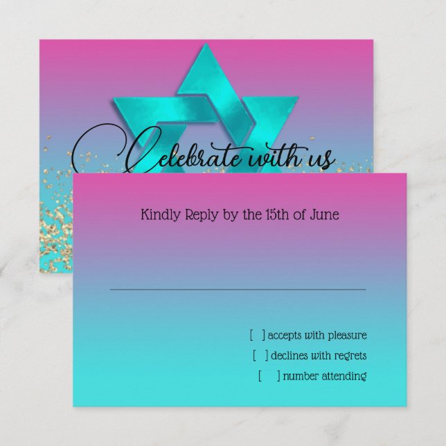 Placa RSVP Turquesa para Trombo Rosa com Estrela (Frente/Verso)