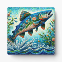 Salmão Saltando Mosaico Floral Azul Verde Pêssego