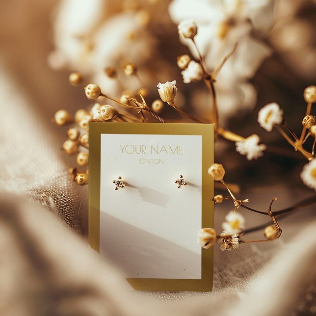 Placa simples de exibição de brinco com borda dour (Simple and modern earring display holder with gold border and editable text)