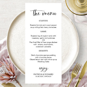 Placas de menu de casamento 4x9 de caligrafia mini