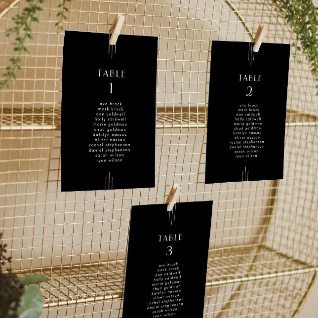 Placas para gráfico de casamentos de casamentos ne (EVERLY Art Deco Black Wedding Seating Chart Cards)