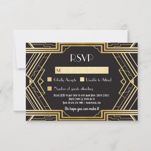 Placas RSVP — Convites de casamento Vintage Gatsby (Frente)