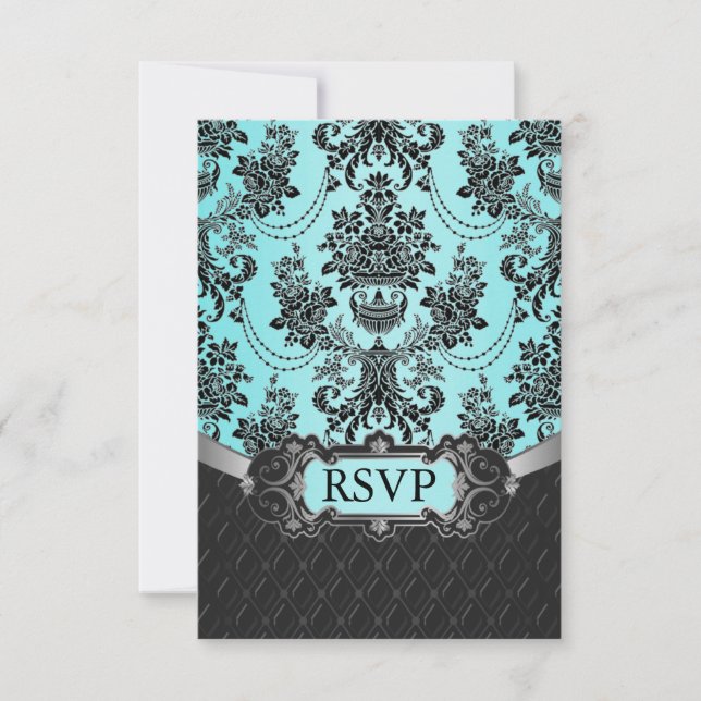 Placas RSVP de Casamento Azul Damasco Negro (Frente)