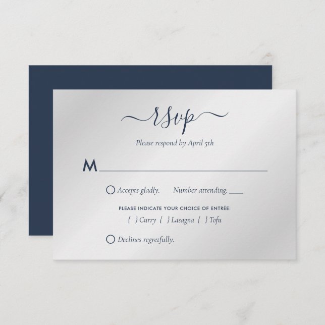 Placas RSVP de Casamento Azul e Silver Moderno (Frente/Verso)