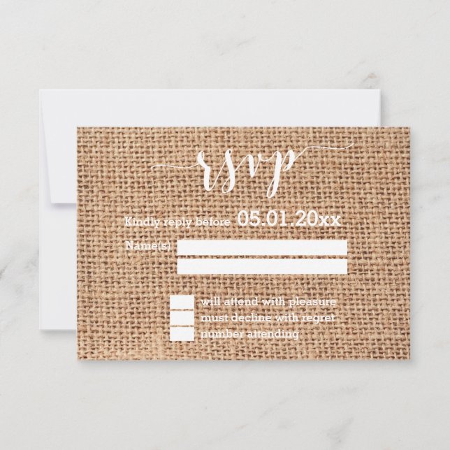Placas RSVP De Casamento Branco Simples E Burlap (Frente)