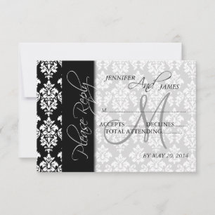 Placas RSVP de Casamento Damasco Preto 2 Monograma