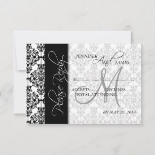 Placas RSVP de Casamento Damasco Preto 5 Monograma