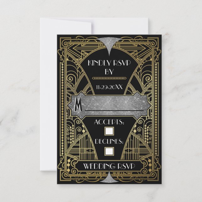Placas RSVP de Casamento de Arte Negra e Silver (Frente)