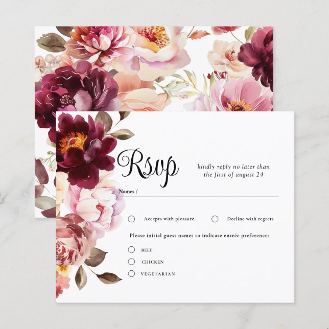 Placas RSVP de Casamento de Borgonha Floral de Wat (Frente/Verso)