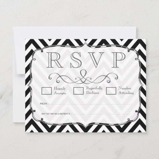 Placas RSVP de Casamento de Chevron Preto e Branco (Frente)
