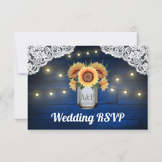 Placas RSVP de Casamento de Madeira Azul de Sunflo (Frente)