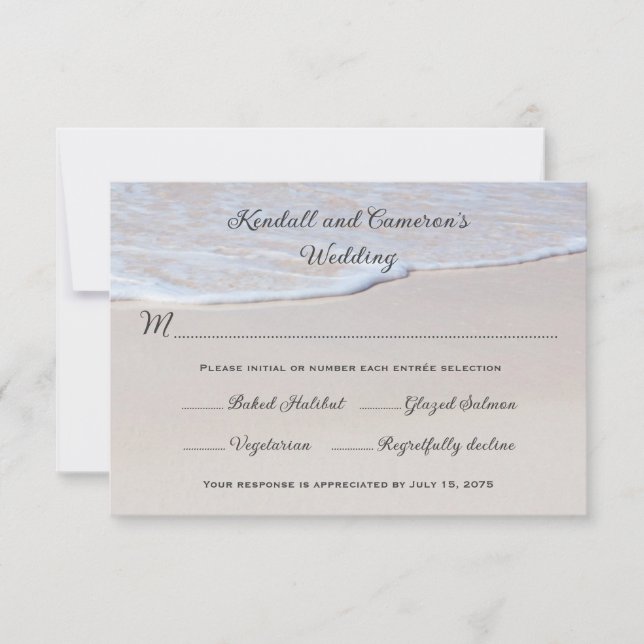 Placas RSVP de Casamento de Praia Sandy com Menu (Frente)