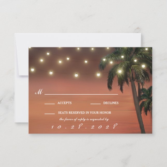 Placas RSVP de Casamento de Praia Sunset Palm Tree (Frente)