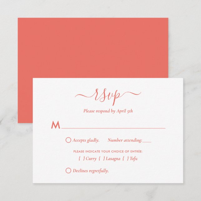 Placas RSVP de Casamento de Script Coral Moderno (Frente/Verso)