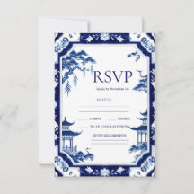 Placas RSVP de Casamento Floral de Chinoiserie Azu