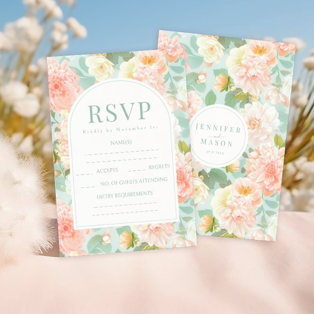 Placas RSVP de Casamento Floral de Teal de Peach M (Criador carregado)