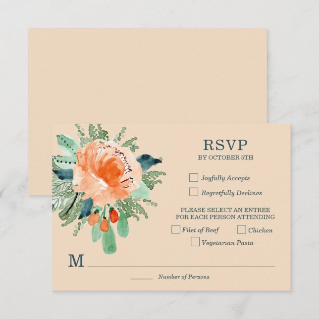 Placas RSVP de Casamento Floral de Teal Peach Jade (Frente/Verso)