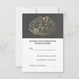 Placas RSVP de Casamento Floral Dourado Chalkboard