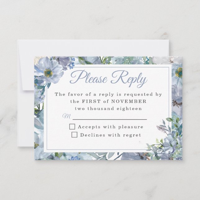 Placas RSVP de Casamento Floral Dusty Blue (Frente)