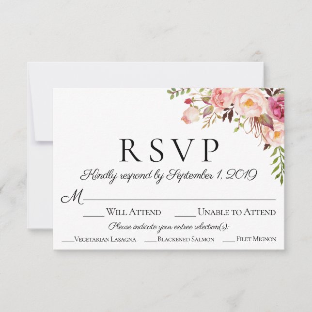 Placas RSVP de Casamento Floral Rosa com Opção de  (Frente)