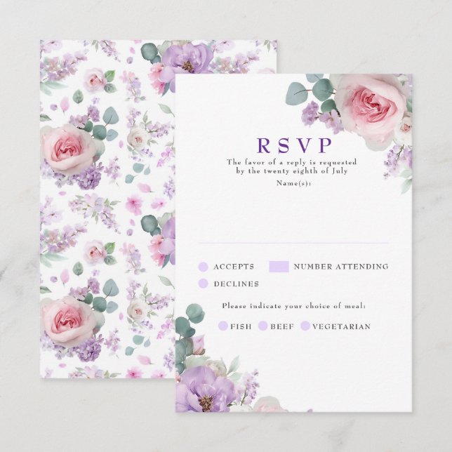 Placas RSVP de Casamento Rosa Púrpura Botânica (Frente/Verso)