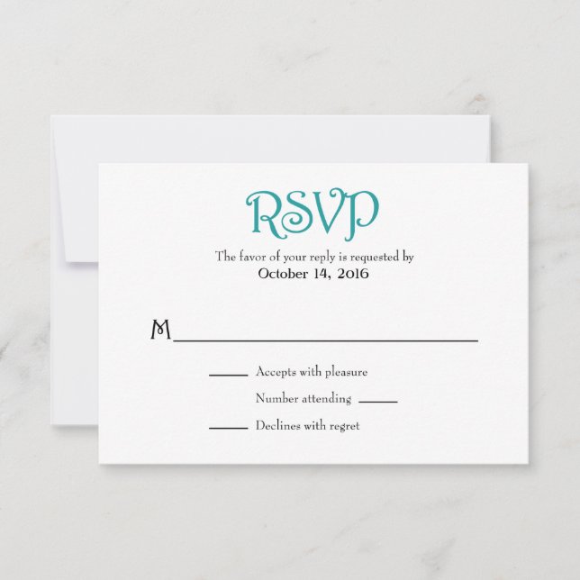Placas RSVP de Casamento Simples de Branco Teal (Frente)