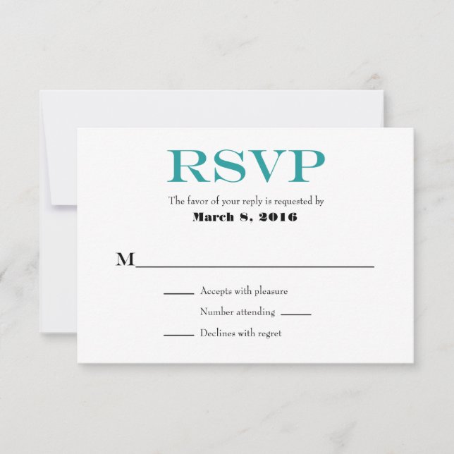 Placas RSVP de Casamento Simples de Branco Teal (Frente)