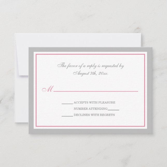 Placas RSVP de Recepção de casamento rosa e cinza (Frente)