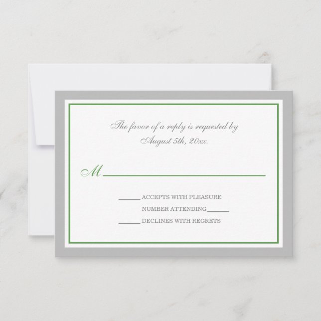 Placas RSVP de Recepção de casamento Verde e cinza (Frente)