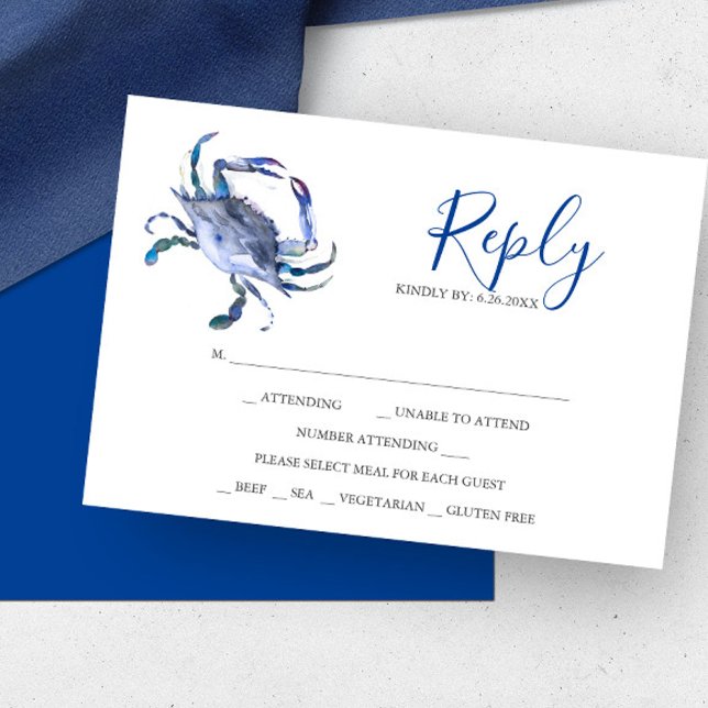 Placas RSVP de Resposta de Caranguejo Azul (RSVP cards watercolor coastal crab in shades of blue by Victoria Grigaliunas od Do Tell A Belle)