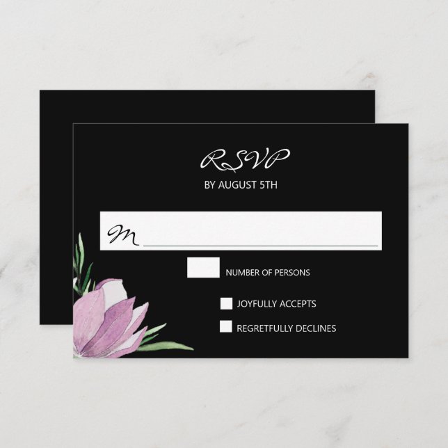 Placas RSVP Florais de Cor Negra Roxa (Frente/Verso)
