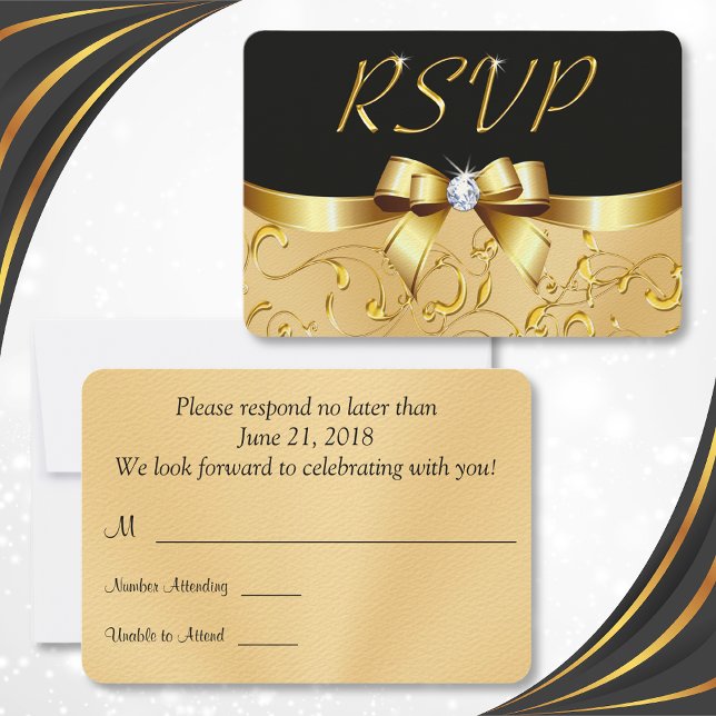 Placas RSVP Pretas e Douradas, personalizáveis, se (Black and Gold RSVP Cards. Wedding Response Cards. Birthday RSVP Cards. Elegant RSVP Cards. )