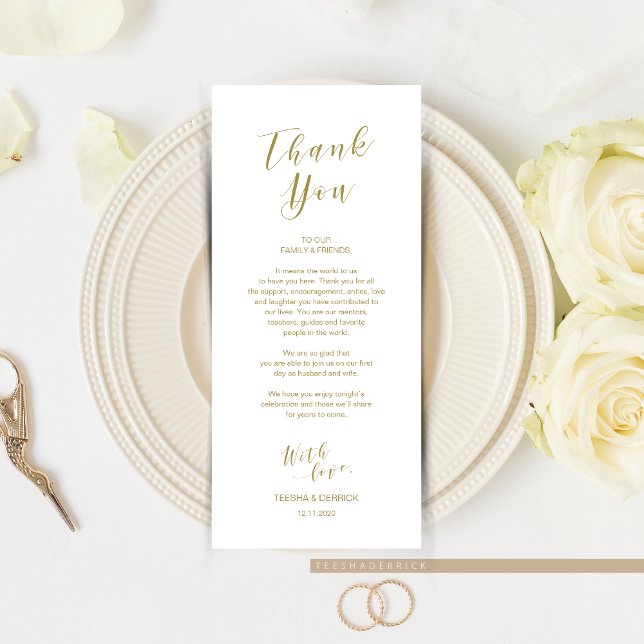 Place Setting Obrigado, cartão de script moderno D (Wedding Dinner or Elopement Brunch Place Setting Thank You Card, In Modern Romantic Gold Themed.)