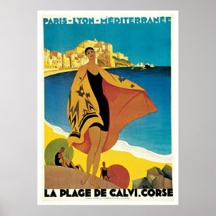 Plage de poster das viagens vintage de Calvi do