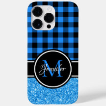 Plaid de Búfalo com Brilho Preto e Azul Monograma