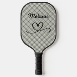 Plaid Greens and Beige Heart Pickleball Paddle