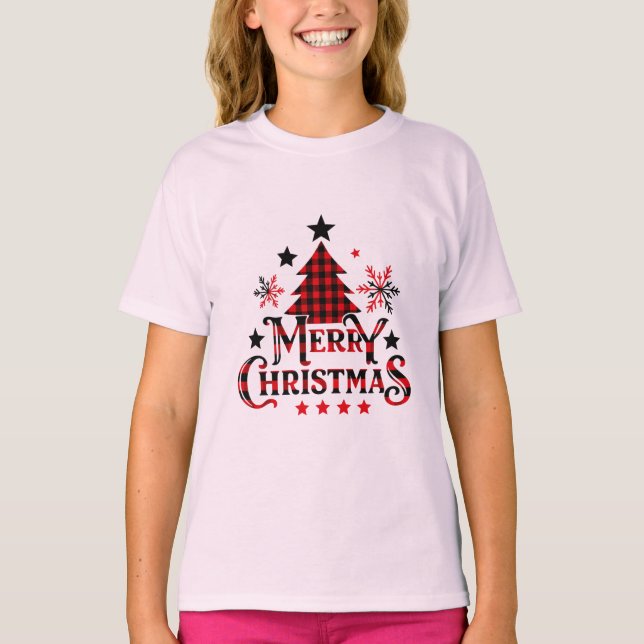 Plaid Merry Christmas Girls T-Shirt (Frente)