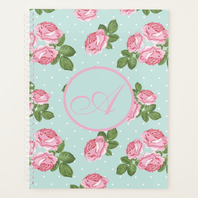 Planejador Azul Shabby Chic Rosas Retro na Moda (Frente)