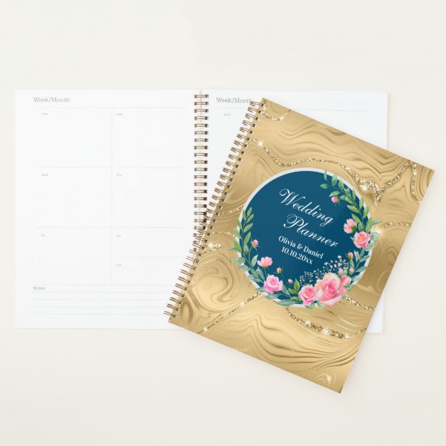 Planejador de Casamento Elegante Flores Rosa Bege (Exibição)